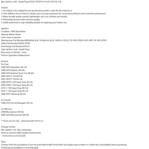 2007–2010 F-150 V8 5.4L 8 Stück Zündspulen + Zündkerzen DG521 SP509 Generisch