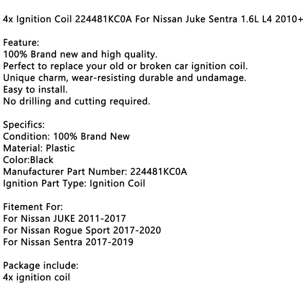4x Ignition Coil 224481KC0A For Nissan Juke Sentra 1.6L L4 2010+ Generic