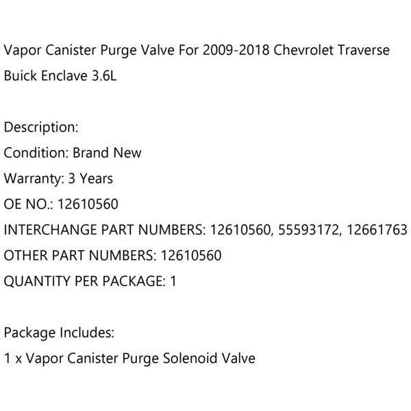 Ångbehållare spolningsventil solenoid för Buick Cadillac Chevrolet Enclave 3.6L Generic