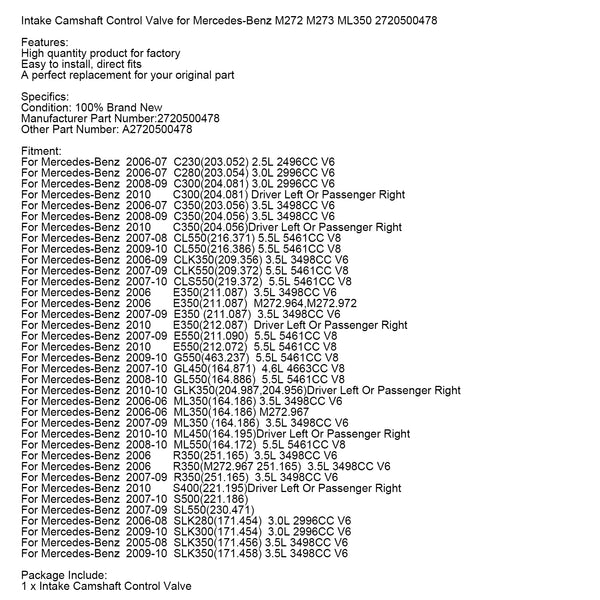 2720500478 Intake Camshaft Control Valve for Mercedes-Benz M272 M273 ML350 Generic