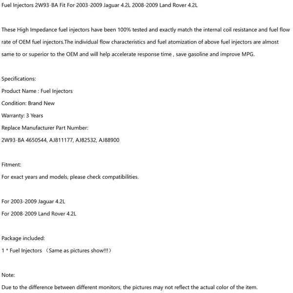 1 inyector de combustible 2W93-BA apto para 03-09 Jaguar 4.2L 08-09 Land Rover 4.2L genérico