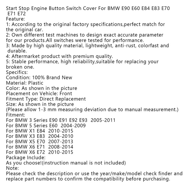 BMW E90 E60 E84 E83 E70 E71 E72 Red Start Stop Engine Button Switch Cover Generic