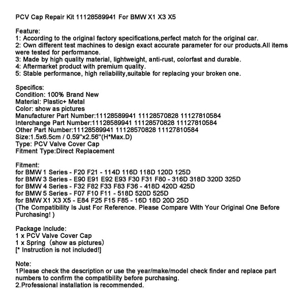 BMW X1 X3 X5 PCV Kit de reparación de tapa 11128589941 Genérico