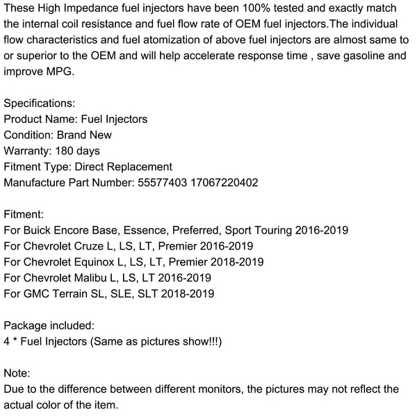 2018-2019 Chevrolet Equinox L, LS, LT, Premier 55577403 17067220402 Injecteur de carburant générique