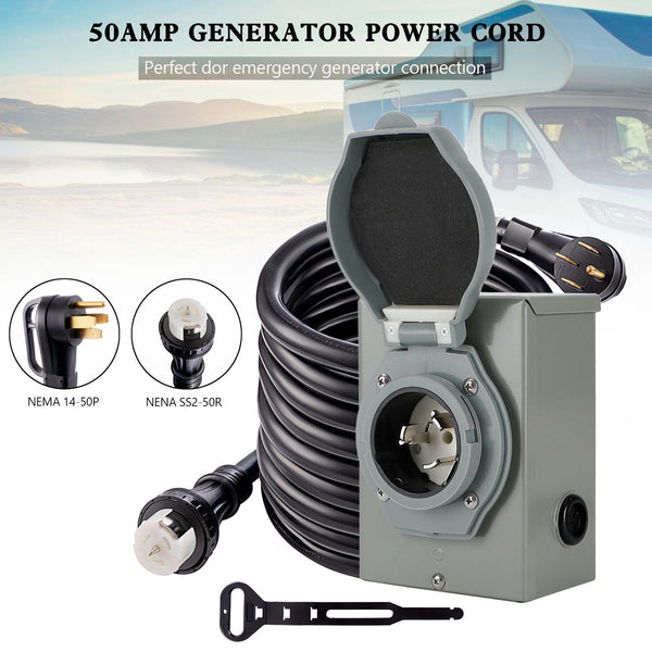 50Amp generatorsnoer 25FT + stroominlaatdoos Waterdichte combokit RV-verlengsnoer