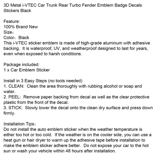 3D Metal i-VTEC Car Trunk Rear Turbo Fender Emblem Badge Decals Stickers Black Generic