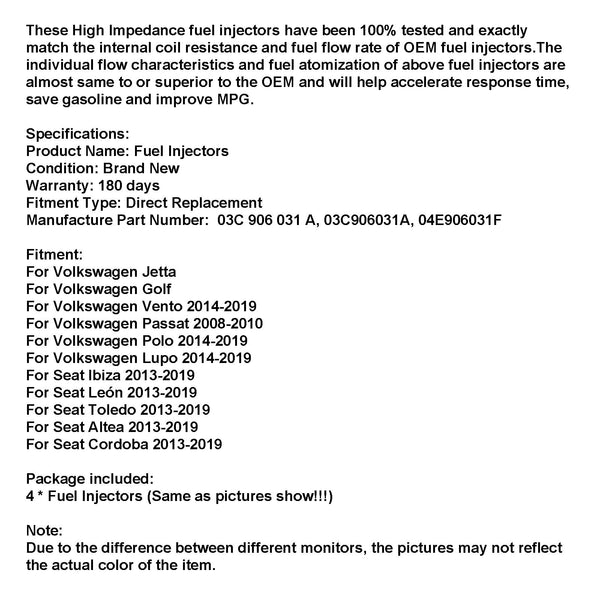 4-teilige Einspritzdüsen 03C906031A 04E906031F Passend für VW Vento 2014–2019 Passend für Passat 2008–2010 Generisch