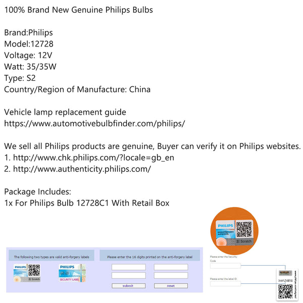 Für Philips 12728 Premium Vision S2 35/35 W BA20d + 30 % Motorrad-Phare-Glühbirne, generisch