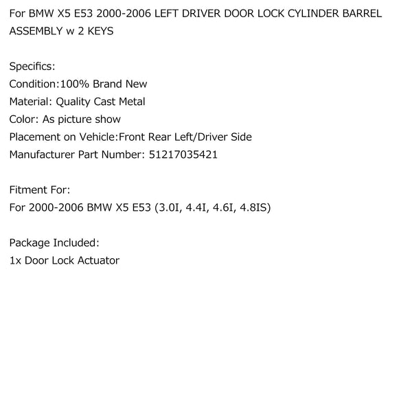 BMW X5 E53 2000-2006 LEFT DRIVER DOOR LOCK CYLINDER BARREL ASSEMBLY w/ 2 KEYS Generic