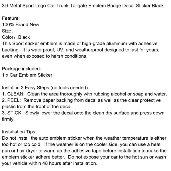 3D Metal Sport Logo Car Trunk Tailgate Emblem Badge Decal Sticker Black Generic