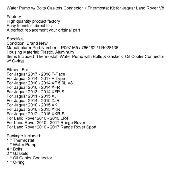 2013-2014 Jaguar XFR-S Water Pump w/ Bolts Gaskets Connector+Thermostat Kit LR097165 766192 LR028136 Generic