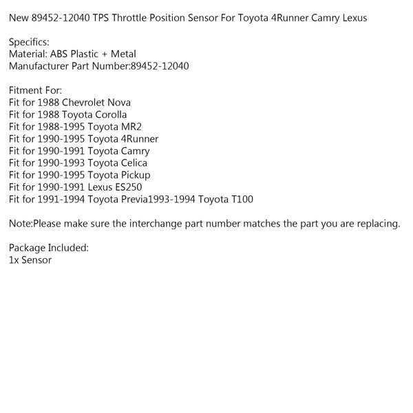 New 89452-12040 TPS Throttle Position Sensor For Toyota 4Runner Camry Lexus Generic