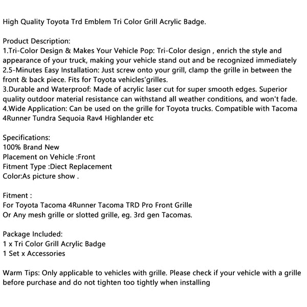 Tri-color 3 Grille Badge emblem For Toyota Tacoma 4Runner Tundra Rav4 Highlander Generic