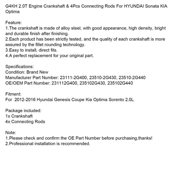 12-16 Hyundai Genesis Coupe Kia Optima Sorento 2.0L G4KH 2.0T Virabrequim do motor e 4 peças de bielas 231112G400 genérico