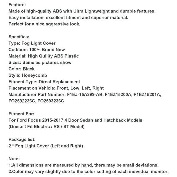 2015–2017 Ford Focus Paar Frontstoßstange Nebelscheinwerfer Lampenabdeckung Lünette Grill F1EZ15200A F1EZ15201A Generisch
