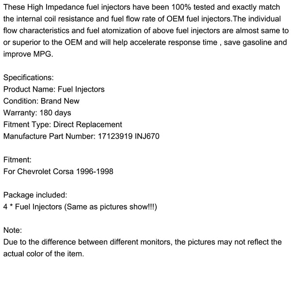 1996-1998 Chevrolet Corsa 17123919 INJ670 Fuel Injectors Generic