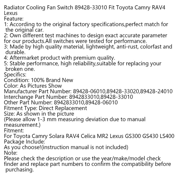 Kühlerlüfterschalter 89428-33010 Passend für Toyota Camry RAV4 Lexus Generic