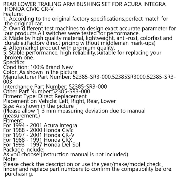 1Pc Rear Lower Trailing Arm Bushing Set For Acura Integra Honda Civic Cr-V Generic