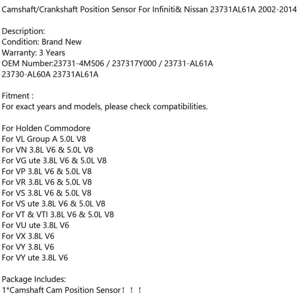 Camshaft/Crankshaft Position Sensor For Infiniti& Nissan 23731AL61A 2002-2014 Generic