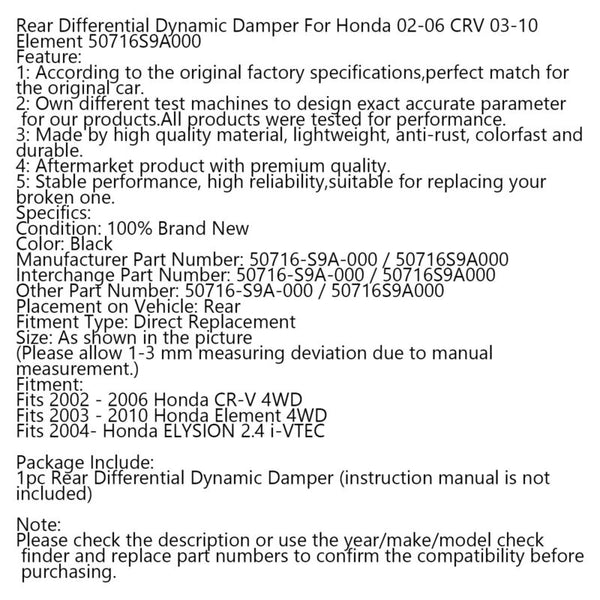 Rear Differential Dynamic Damper Fit Honda 02-06 CRV 03-10 Element 50716S9A000 Generic