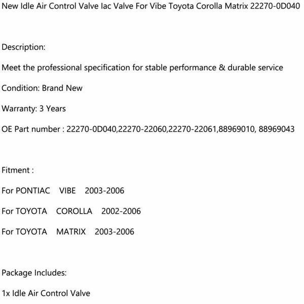 New Idle Air Control Valve Iac Valve 22270-0D040 For Toyota Corolla Generic