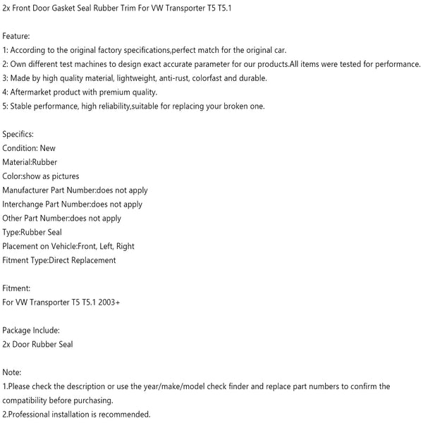 VW Transporter T5 T5.1 2x Front Door Gasket Seal Rubber Trim GenericAuto & Motorrad: Teile, Auto-Ersatz- & -Reparaturteile, Karosserieteile!