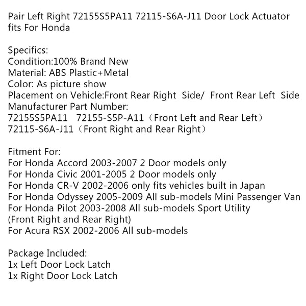 Generic Pair Left Right 72155S5PA11 72115-S6A-J11 Door Lock Actuator fits For Honda