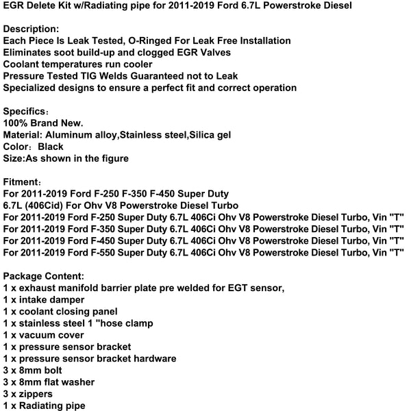 2011-2023 Ford F250 F350 F450 6.7L Powerstroke Diesel EGR Delete Kit com/tubo do radiador genérico