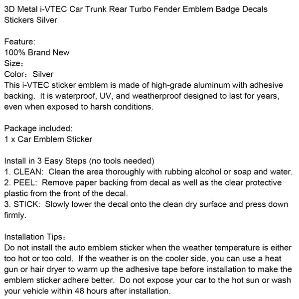 3D Metal i-VTEC Car Trunk Rear Turbo Fender Emblem Badge Decals Stickers Silver Generic