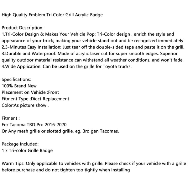 Dreifarbiger Kühlergrill-Aufkleber für Tacoma TRD Pro 2016–2020
