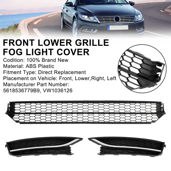 VW Passat 12-15 Front Lower Grille + Fog Light Cover W/O Hole Combo Set Generic