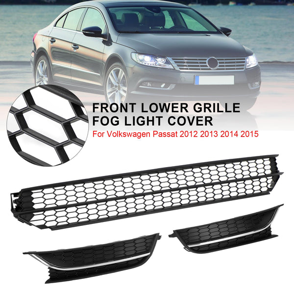 VW Passat 12-15 Front Lower Grille + Fog Light Cover W/O Hole Combo Set Generic