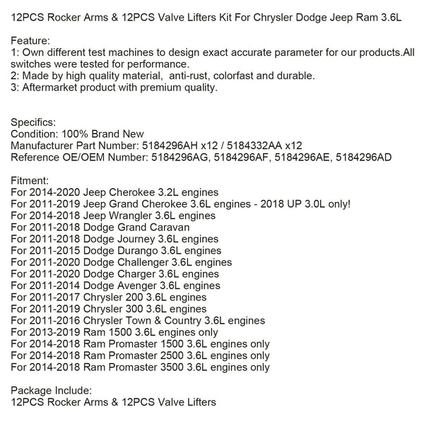 2011-2019 Chrysler 300 3.6L motorer 12PCS vipparmar & 12PCS ventillyftssats Fedex Express Generic