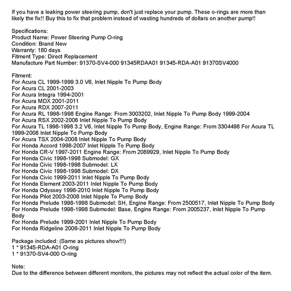 2ST Servostyrningspump Gummi inlopp & utlopp O-ringstätningar 91370-SV4-000 91345RDAA01 91345-RDA-A01 91370SV4000 Passar Acura/ Honda Civic Generic