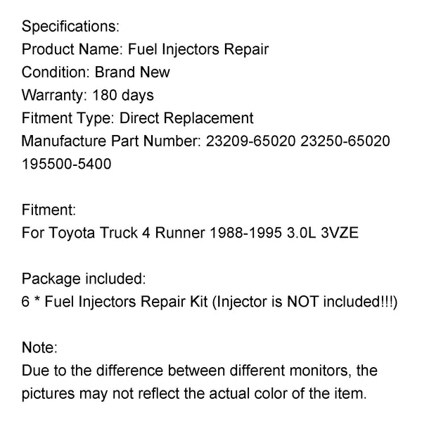 Toyota Truck 4 Runner 1988–1995 3.0L 3VZE 6-teiliger Kraftstoffeinspritzdüsen-Reparaturdichtungs-Umbausatz 23209–65020 23250–65020 195500–5400 Generisch