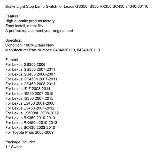 Lexus RX350 RX450h 2010–2013 Bremslicht-Bremslichtschalter 8434030110 84340-30110 Generisch