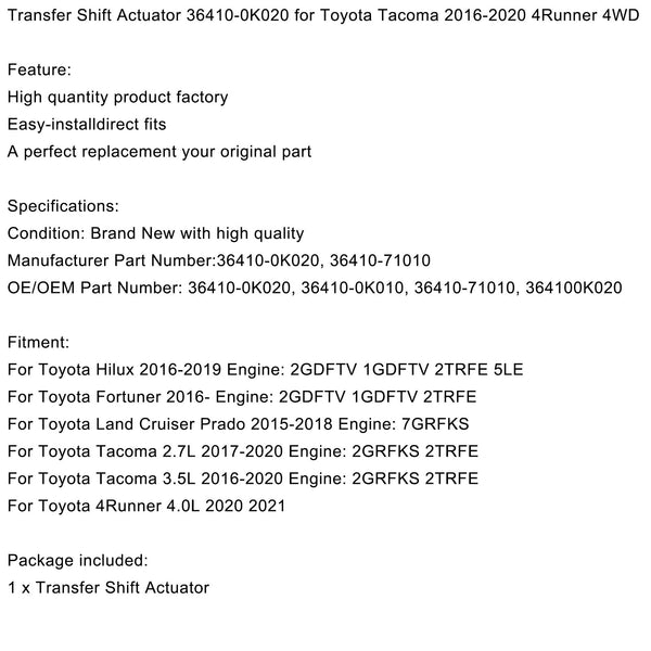 Actionneur de changement de vitesse de transfert 36410-71010, pour Toyota Tacoma 2016-2020 4Runner 4WD Fedex Express générique