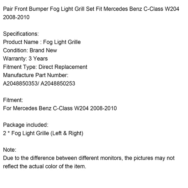 2008-2010 Benz C-Class W204 Pair Front Bumper Fog Light Grill Generic