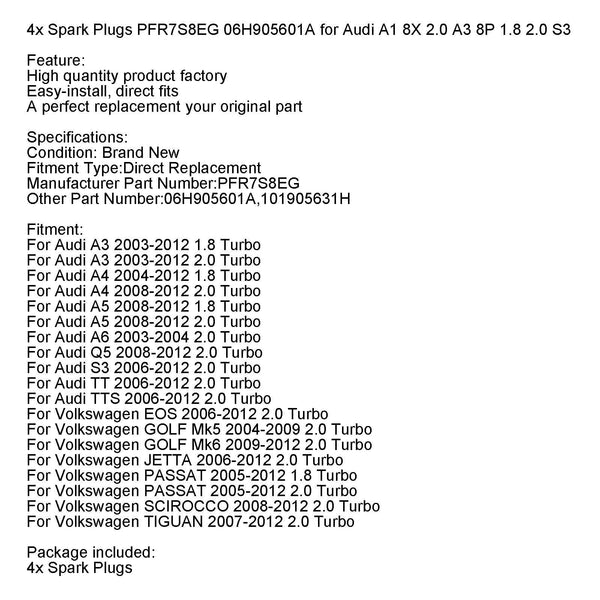 2006-2012 フォルクスワーゲン ジェッタ 2.0 ターボ 4 個スパーク プラグ PFR7S8EG 06H905601A 101905631H 汎用