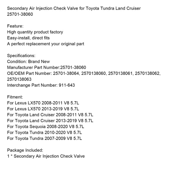 Toyota Tundra 2010–2020 V8 5,7 l Sekundärlufteinspritz-Rückschlagventil 2570138064 2570138060 2570138061 2570138062 2570138063 Fedex Express Generic