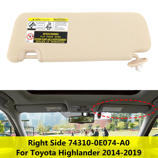 2014-2019 Toyota Highlander Right Side Sun Visor W/Vanity Light 74310-0E074-A0 Generic