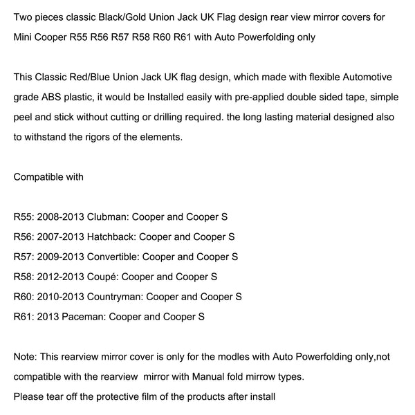 MINI Cooper R55 R56 R57 Black/Gold 2 x  Union Jack UK Flag Mirror Covers Generic