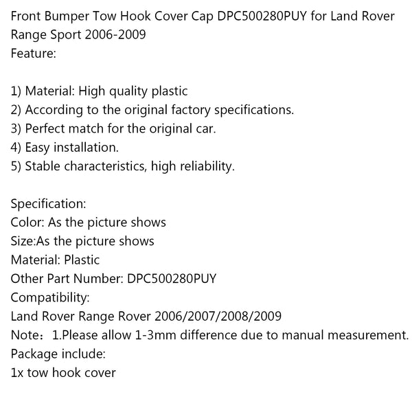 Land Rover Range Sport 2006-09 Front Bumper Tow Hook Cover Cap DPC500280PUY Generic