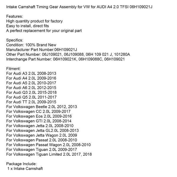 Audi A5 2.0L 2010-2017 Insugskamaxel Timing Kugghjulsenhet 06H109021J 06J109088 101280A Fedex Express Generic