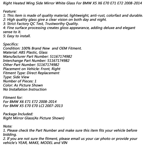 2008–2014 BMW X5 X6 E70 E71 E72 Rechts beheizter Außenspiegel, weißes Glas, generisch