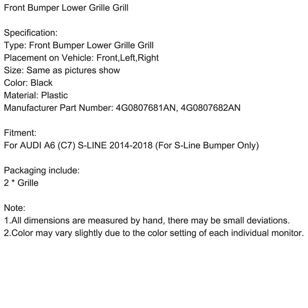 2016-2018 Audi A6 C7 S-Line Front Bumper Lower Grille Grill Matt Black 4G0807681AN 4G0807682AN Generic