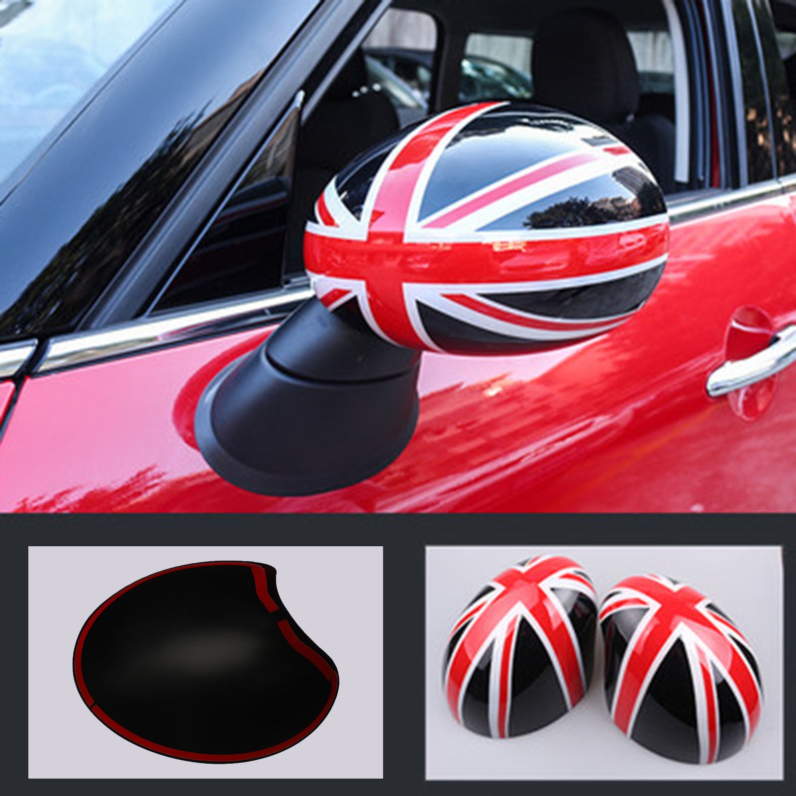 MINI Cooper R55 R56 R57 Black/Red 2 x Union Jack UK Flag Mirror