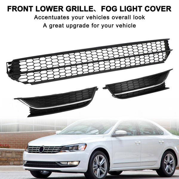 VW Passat 12-15 Front Lower Grille + Fog Light Cover W/O Hole Combo Set Generic