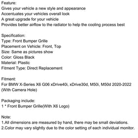 Frontstoßstangengrill, passend für 2020–2022 BMW X6 G06 M50i mit Kameraloch, Schwarz, generisch