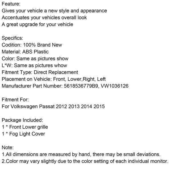 VW Passat 12-15 Grade inferior dianteira + tampa do farol de neblina sem furo Conjunto combinado genérico